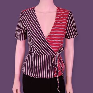 BCBG Striped Surplice Wrap Waist Tie V-neck Short Sleeve Top